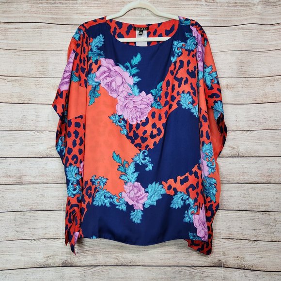 IMAN Global Chic Reversible Printed Poncho Top Floral Leopard Print Women's M/L - Picture 1 of 16